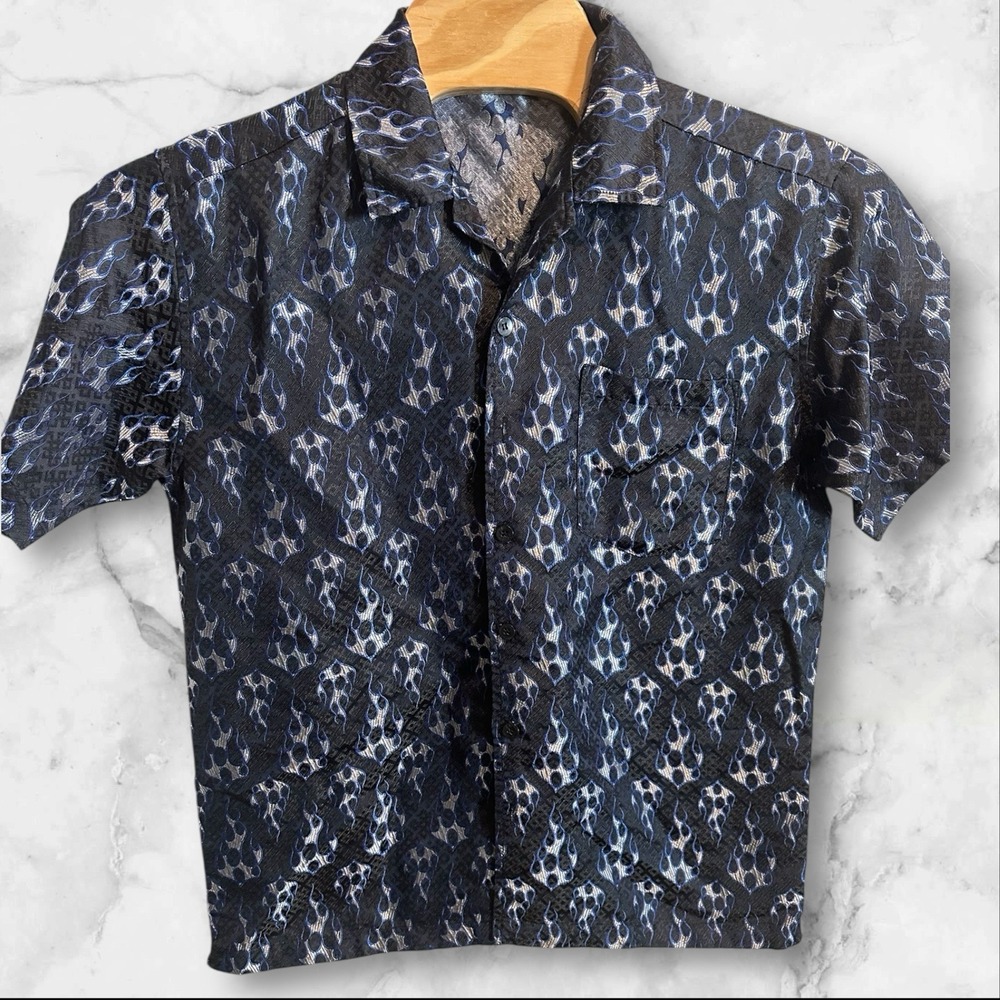 Vintage ODO Shirt Mens‎ Medium Blue Flames Button Down Collared
